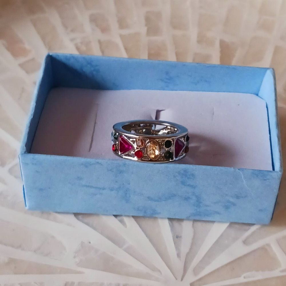 Silver Gemstone Wide Band Ring - Size 7, 8